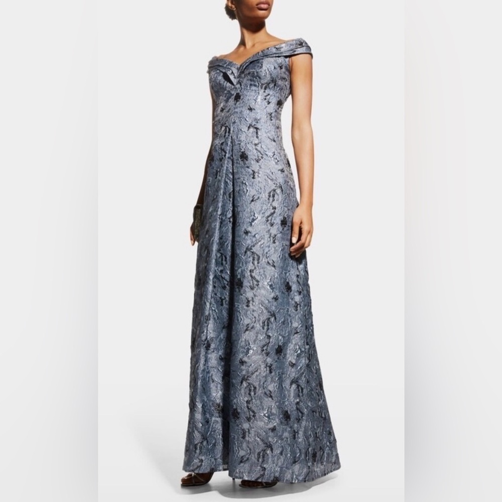 Rickie Freeman For Teri Jon Off Shoulder Pleated Metallic Jacquard Gown Dress 6